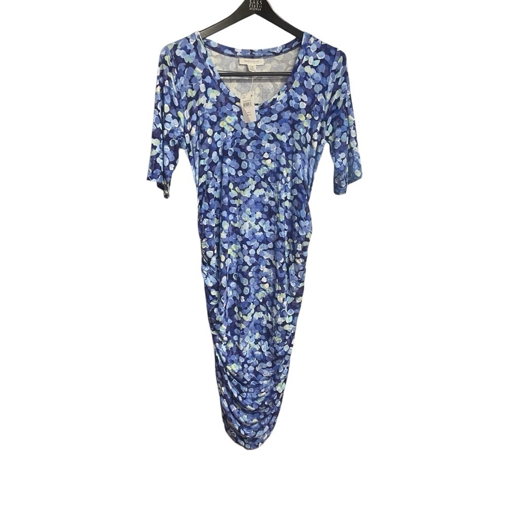 Motherhood Maternity Midi Dress Size M Stretch Blue Floral Side Ruching Shower